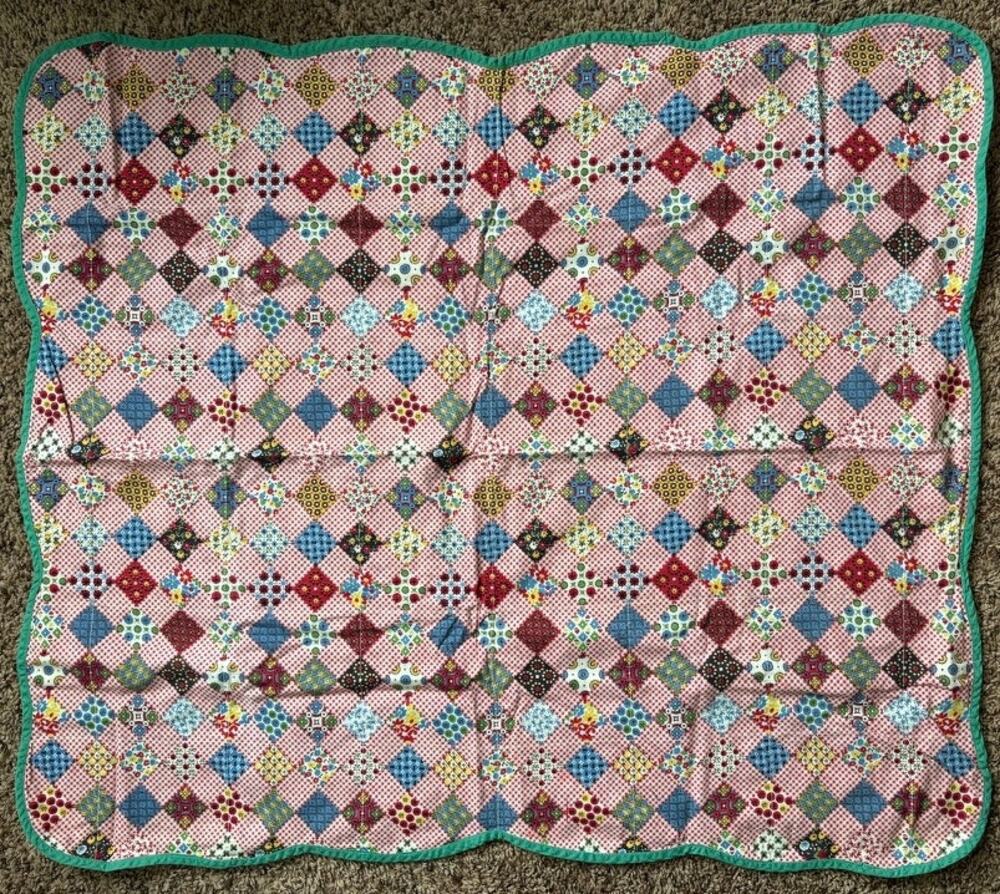 Vintage Handmade Baby Blanket Floral Red Pattern Cotton 32x27.75